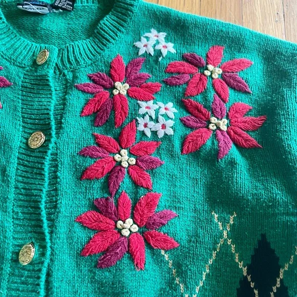 Y2K Vintage Preppy Argyle Holiday Sweater w. Poinsettia Flowers - Picture 7 of 11
